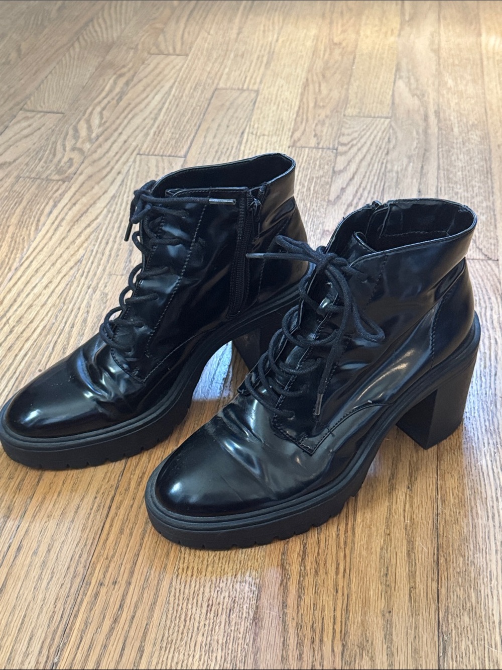 Black Lace-Up Healed Faux Leather Boots for Women